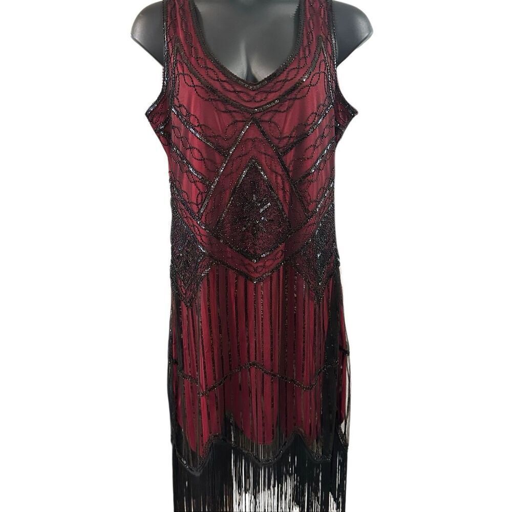 Women's Medium Red Black Fringe Sleeveless Midi Dress Costume Swinger